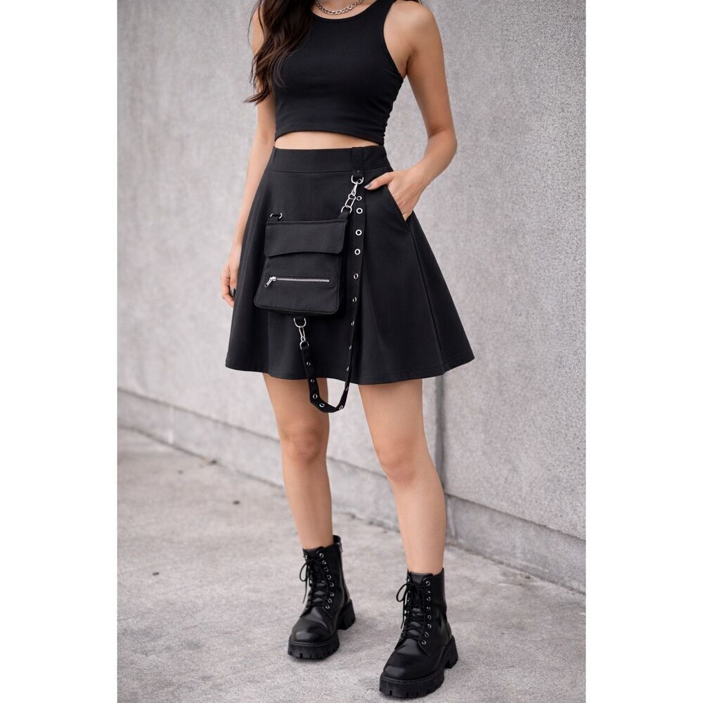 Black Utility Techwear Skirt Large Detachable Pouch Harness Hardware Alt Goth